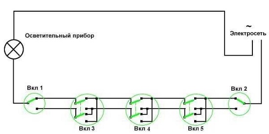 Схема монтажа трех проходных выключателей