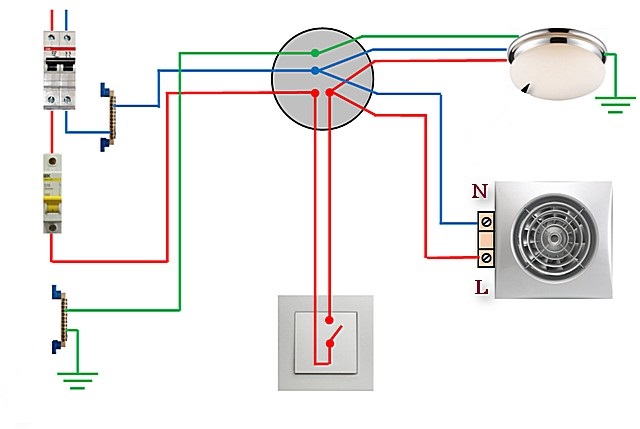 Схема подключения вентилятора и лампочки к одноклавишному выключателю