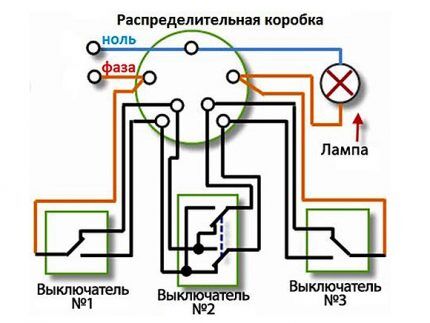 Схема подключения двух проходных и одного перекрестного выключателя